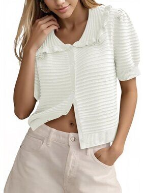 Women's White Short Sleeve Button Up Imported Tops Causal Cardigan Sweater